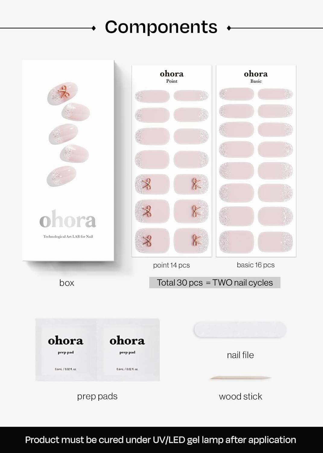 ohora Semi Cured Gel Nail Strips (N Twinkle Bell) - Works with Any Lamps, Salon-Quality, Long Lasting, Easy to Apply & Remove - Includes 2 Prep Pads, Nail File & Wooden Stick