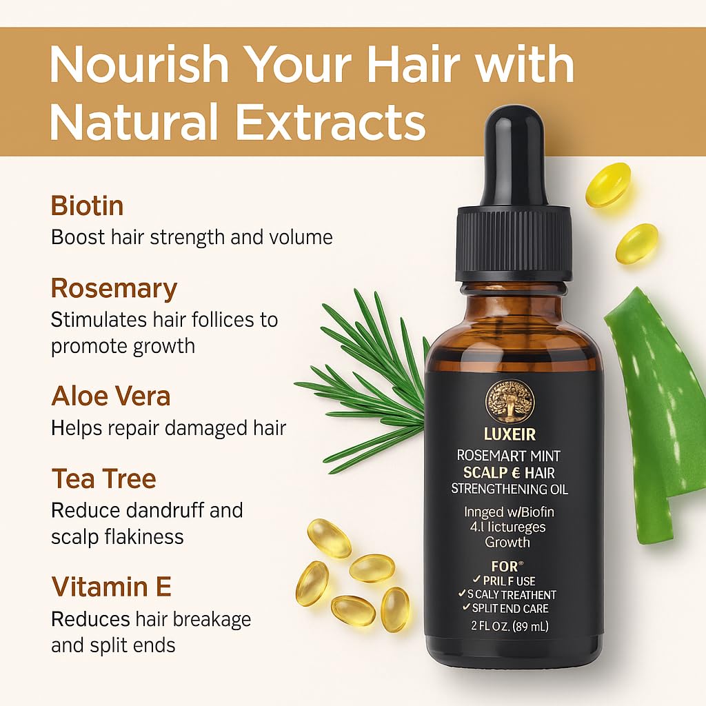 Luxeir Rosemary Mint Hair Growth Oil-Biotin Infused Scalp & Hair strengthening Oil for Thicker,Longer,Healither Hair, Treatment for Thinning Hair-Ideal for Women & Men-2 fl.Oz
