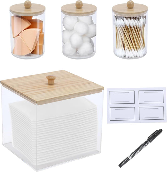 4 Pack Qtip Holder Dispenser with Bamboo Lids & Disposable Face Towel Holder Set, Clear Storage Bins for Facial Cloth, Vanity Makeup Storage Organizer, Bathroom Essentials Accessories Decor