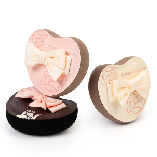 Heart-Shaped Makeup Sponge,Firm Bounce Rubycell, Foundation Sponge with Bow Tie Strap, for Precision Blending of Concealer/Cream Products, 3-Colors,Travel Friendly & Reusable & Storage Case