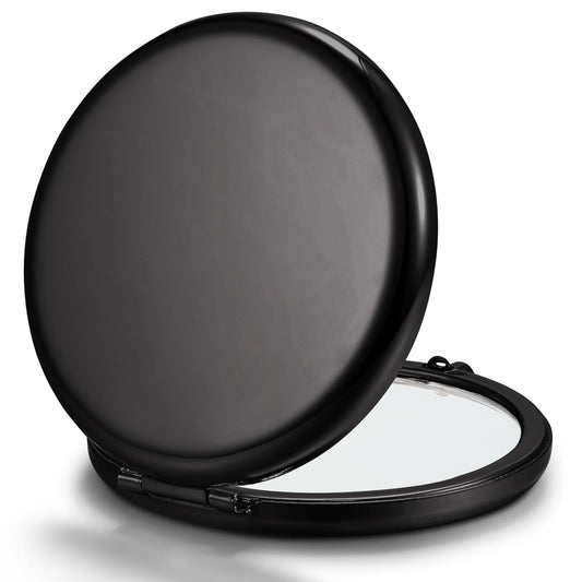 Compact Mirror for Purse, Double-Sided 1X/2X Magnifying Metal Pocket Makeup Mirrors(Round, Onyx Black)