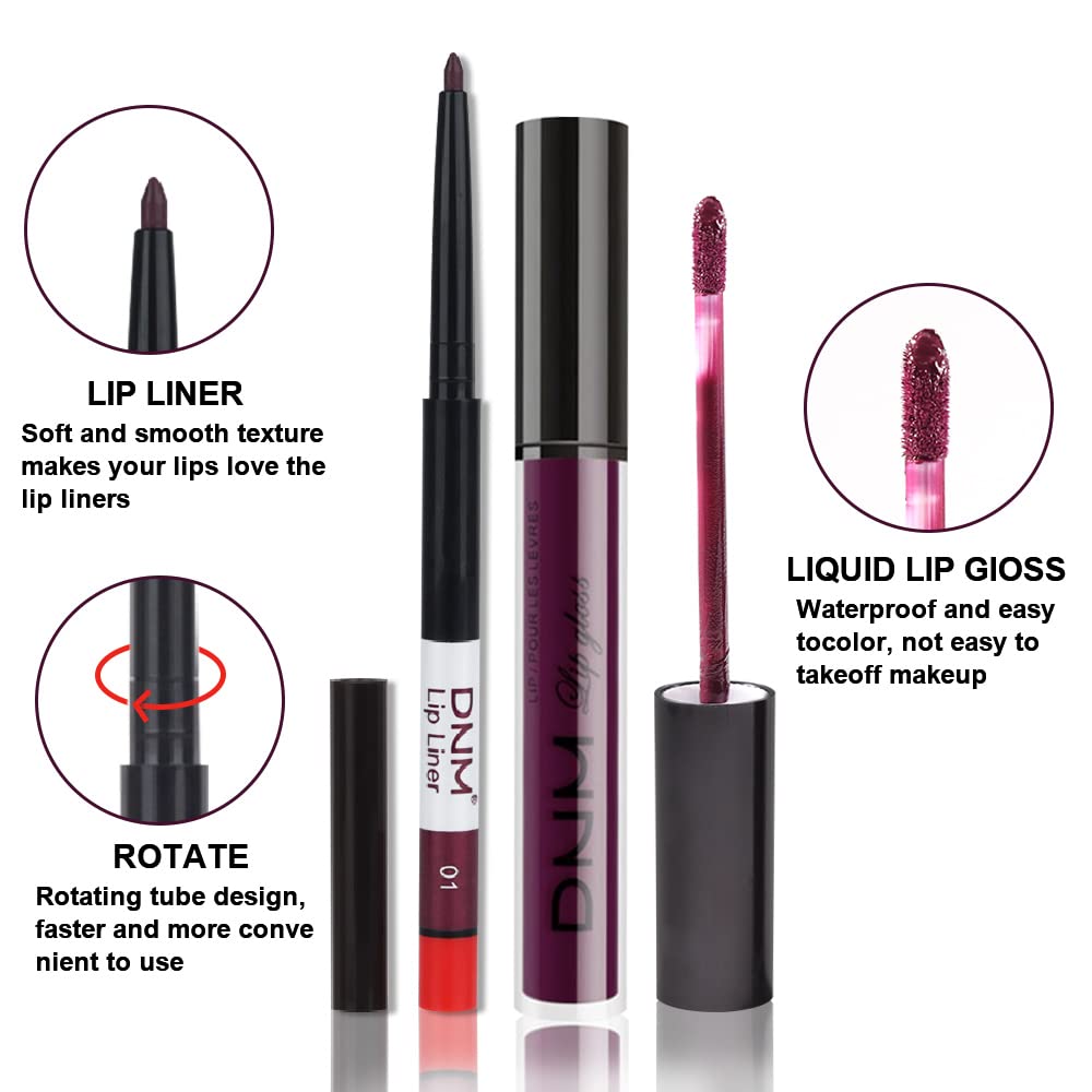 evpct 2Pcs Purple Plum Matte 24-hour Liquid Lipstick and Lip Liner Pencil Makeup Set Women Dark Red Bright Berry Liquid Lipstick Matte Lip Tint 24H and with Lip Liner Set Waterproof Long Lasting 1