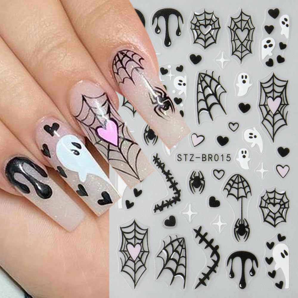 4sheets Halloween Nail Stickers 3D Self-Adhesive Ghost Nail Art Stickers - Black Spider Bat Decals with Heart Spider Web Blood Droplets Design for Women DIY Holiday Nail Decoration