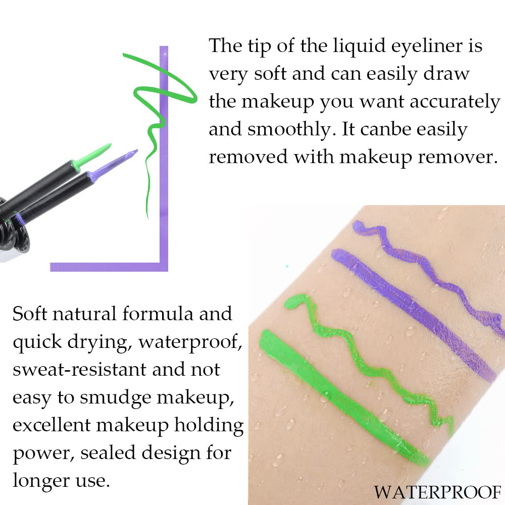 evpct 2Pcs Emerald Neon Green Purple Liquid Eyeliner Set Waterproof Colored Color Eye Liners for Women Stamps Shapes for Eyes delineadores de colores para ojos delineador de ojos contra el agua 05&10