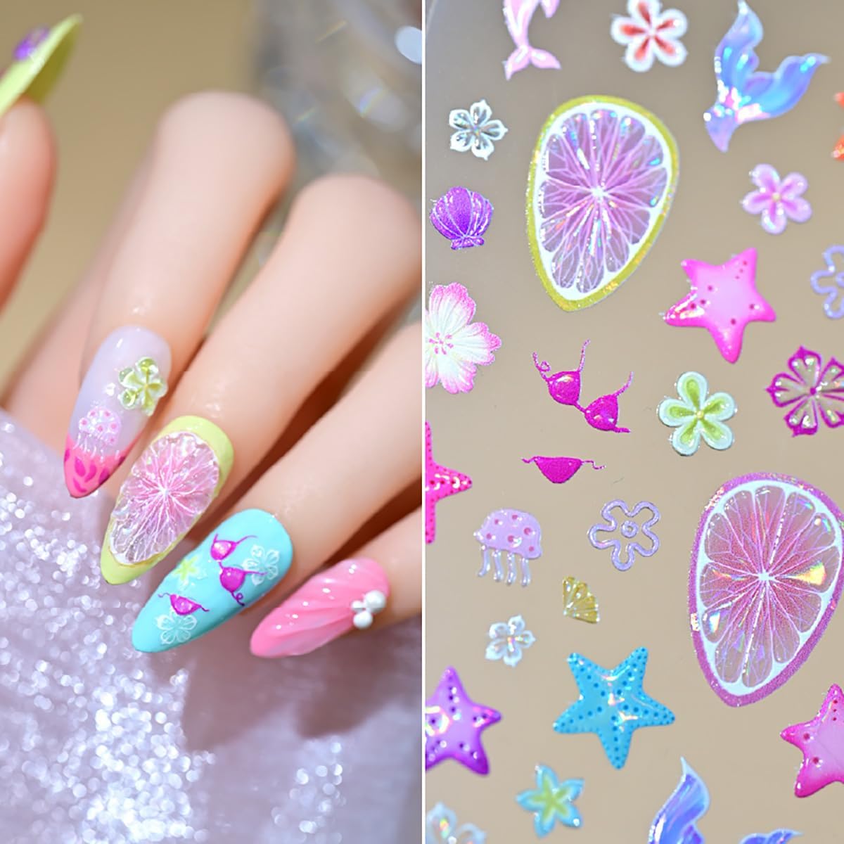 1 Sheets Summer Fruit Nail Stickers for Nails Art 5D Embossed Shell Starfish Nail Art Stickers Colorful Star Fish Jellyfish Self-Adhesive Design Summer Beach Nail Decals for Women Acrylic Manicure