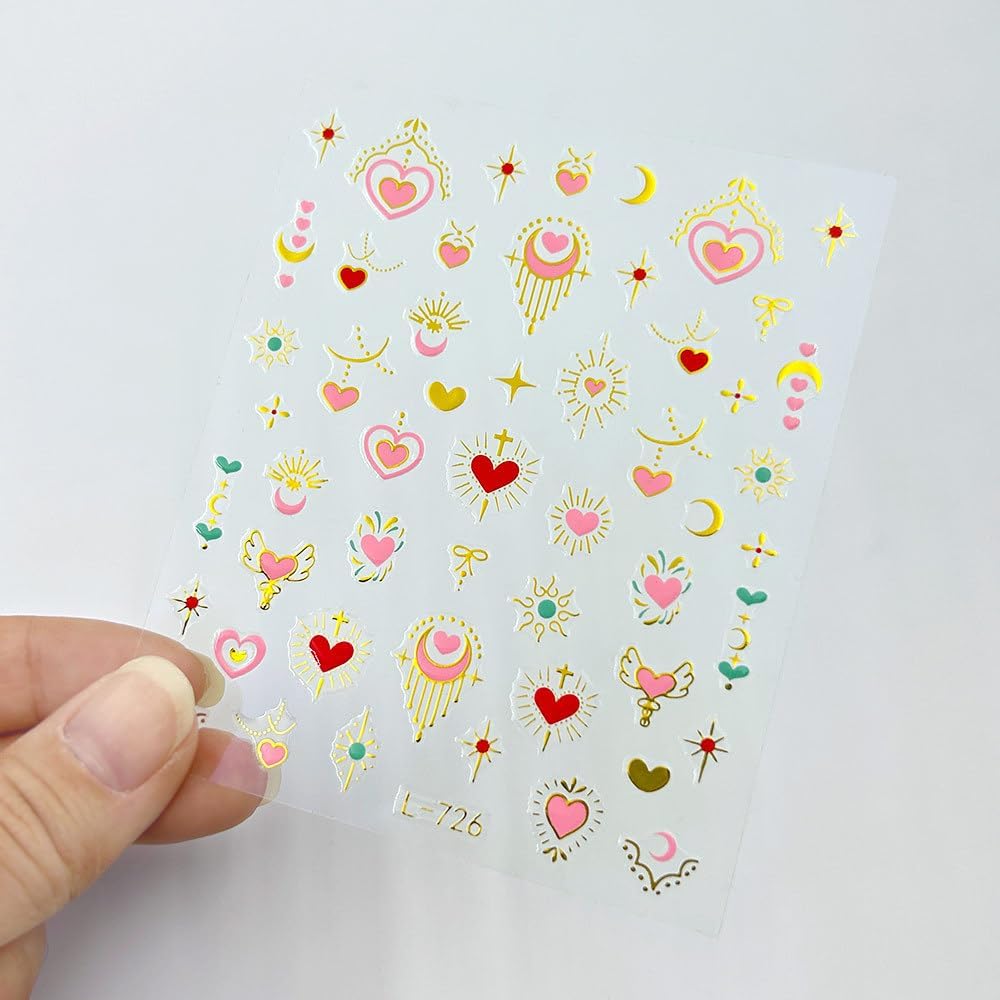 6 Sheets Boho Nail Stickers for Nail Art 5D Embossed Star Moon Nail Designs 3D Self-Adhesive Colorful Love Heart Nail Decals with Designs Butterfly Nails Supplies for Women Manicure DIY