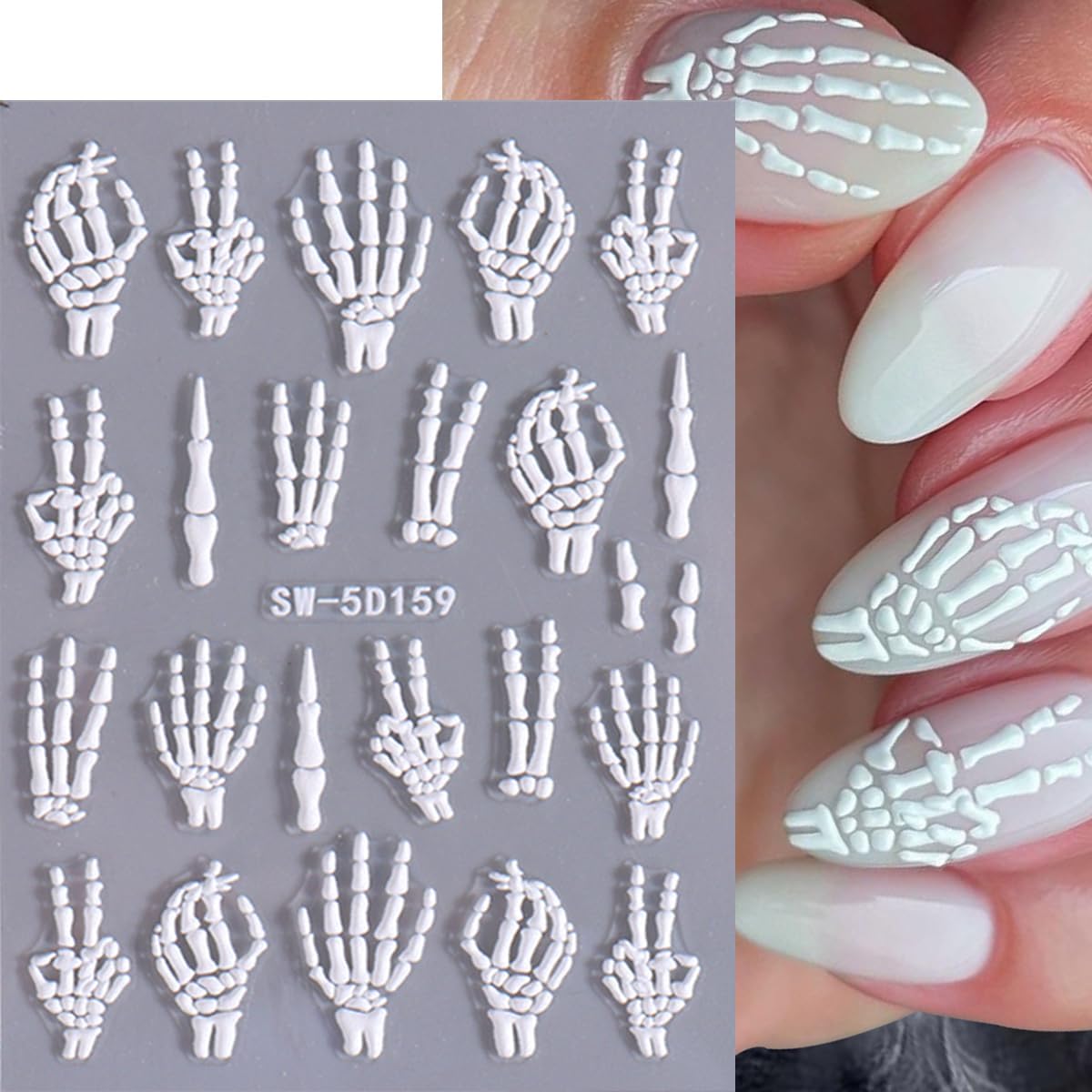5D Embossed Halloween Nail Stickers for Nail Art Kit 3 Sheets Halloween Skull & Skeleton Nail Art Stickers Decals Gothic Nails Design Rose Gold Hand Bone Nail Supplies for Women Holiday Nails Decor