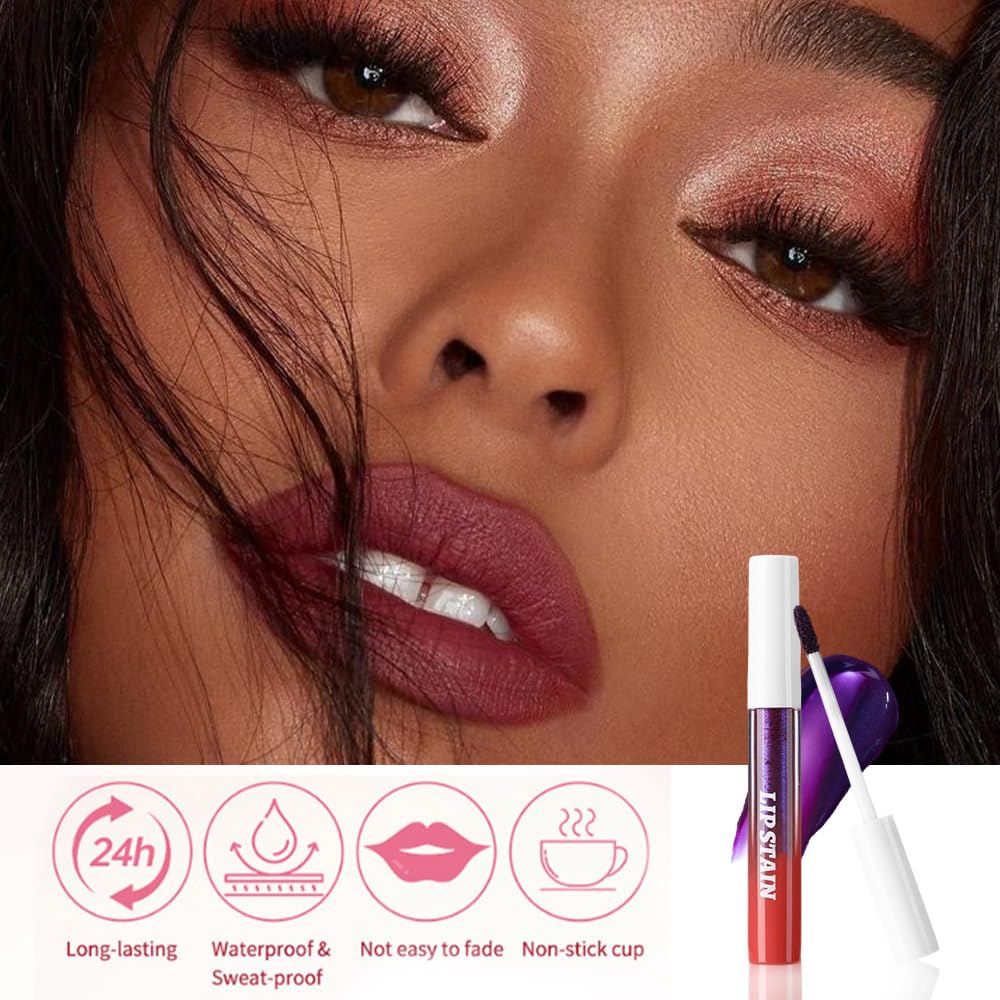 evpct 3Pcs Maroon Mauve Red Nude Brown Peel Off Lip Stain Tints, Matte Liquid Lipstick Lip Stain Long Lasting Waterproof for Women, Longwear Lipstick Peel Off Highly Pigmented Smudge-proof Easy Apply