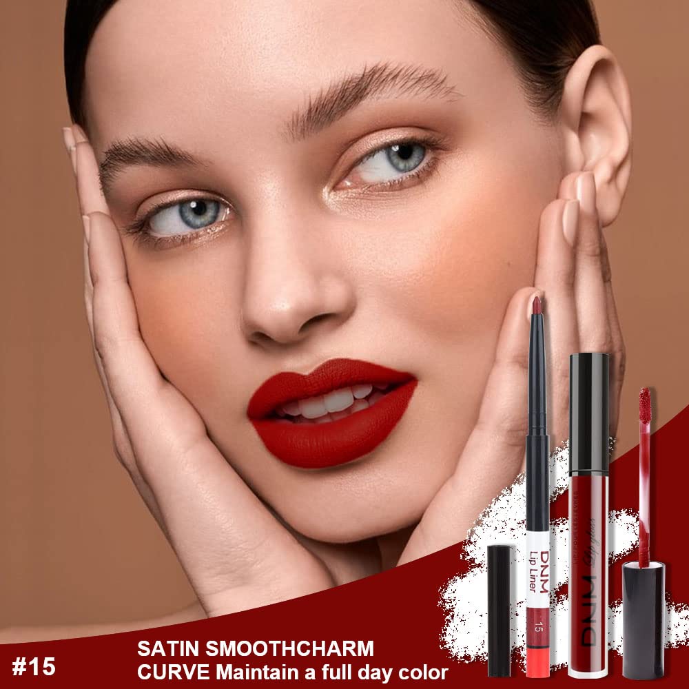 evpct 2Pcs Dark Red Maroon Matte Lipstick and Lip Liner Makeup Set for Women Dark Blood Red Liquid Matte Brown Lipstick Lip Liner Stain Long Lasting Waterproof Permanent Lipsticks 24 hours 15#