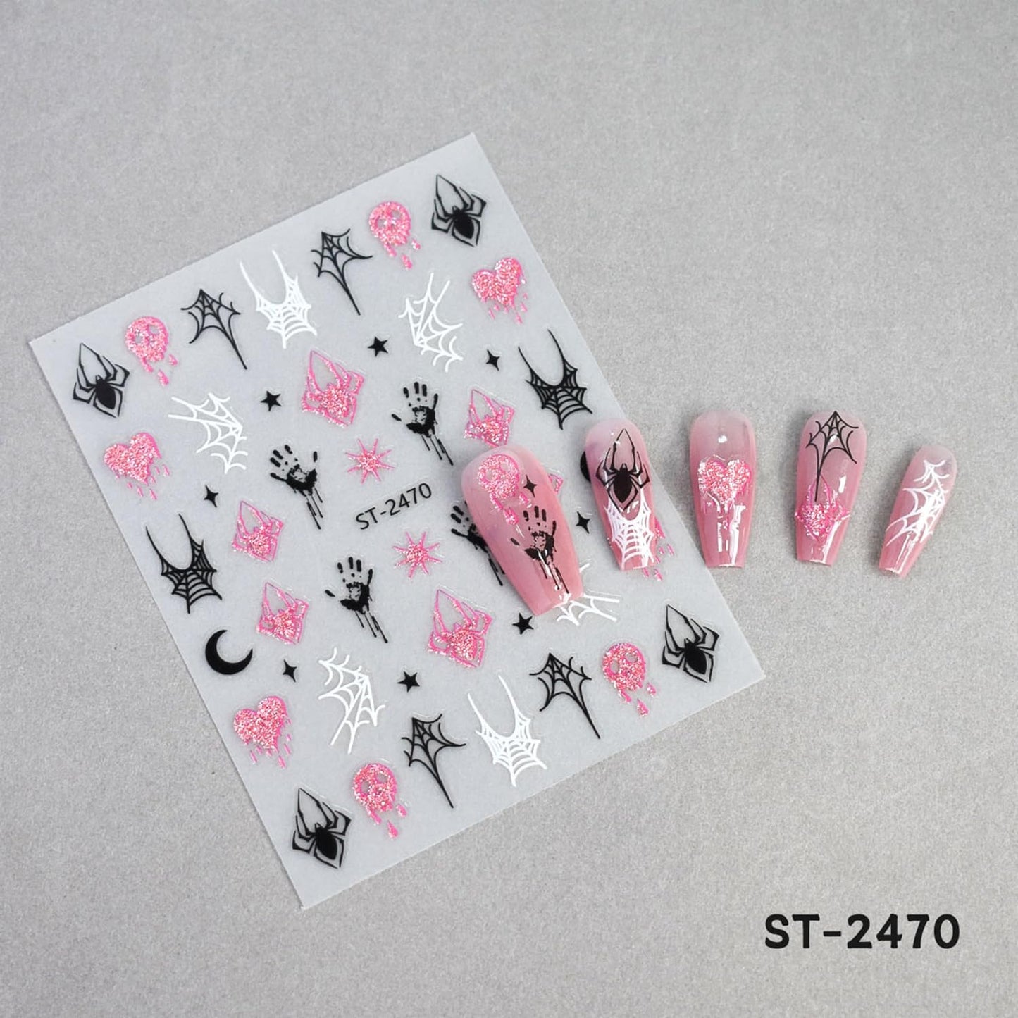 6 Sheets Halloween Nail Stickers Decals Pink Glitter Pumpkin Blood Drop Nail Sticker Black Spider Web Bat Nails Decals Self-Adhesive White Ghost Skull Nails Art Sticker Decal for Women Halloween Decor