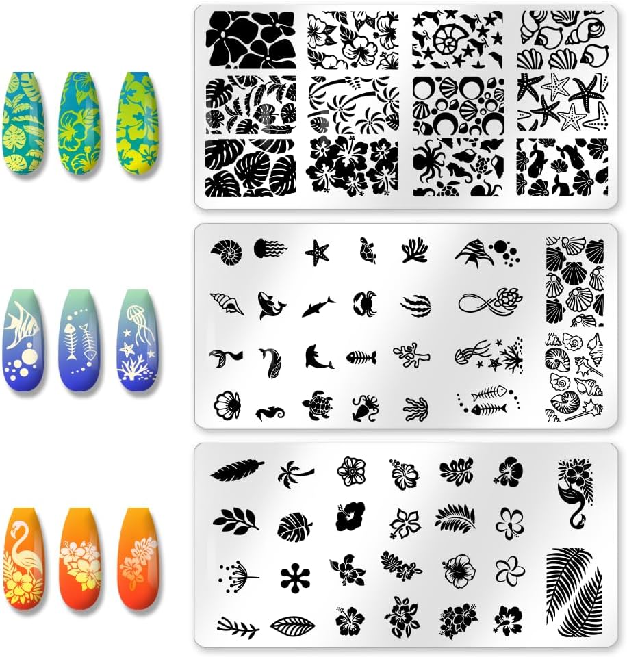 3Pcs Tropical Floral Plant Nail Stamping Plate French Tip Nail Stamping Templates Marine Animals Nail Art Stamp Plates Image Plate Stainless Steel DIY Reusable Tools for Manicure Printing
