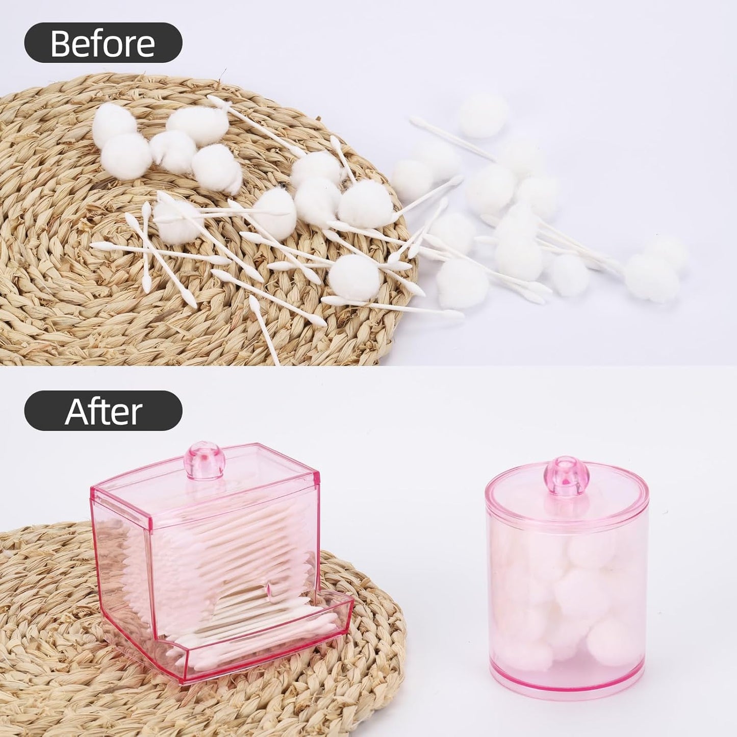 Tbestmax Qtips Dispenser, 10/12 oz Big Cotton Ball Holder Bathroom Container,Plastic Apothecary Jar Organizer for Storage Cotton Swab, Cotton Round Pads, Floss Picks - Pink