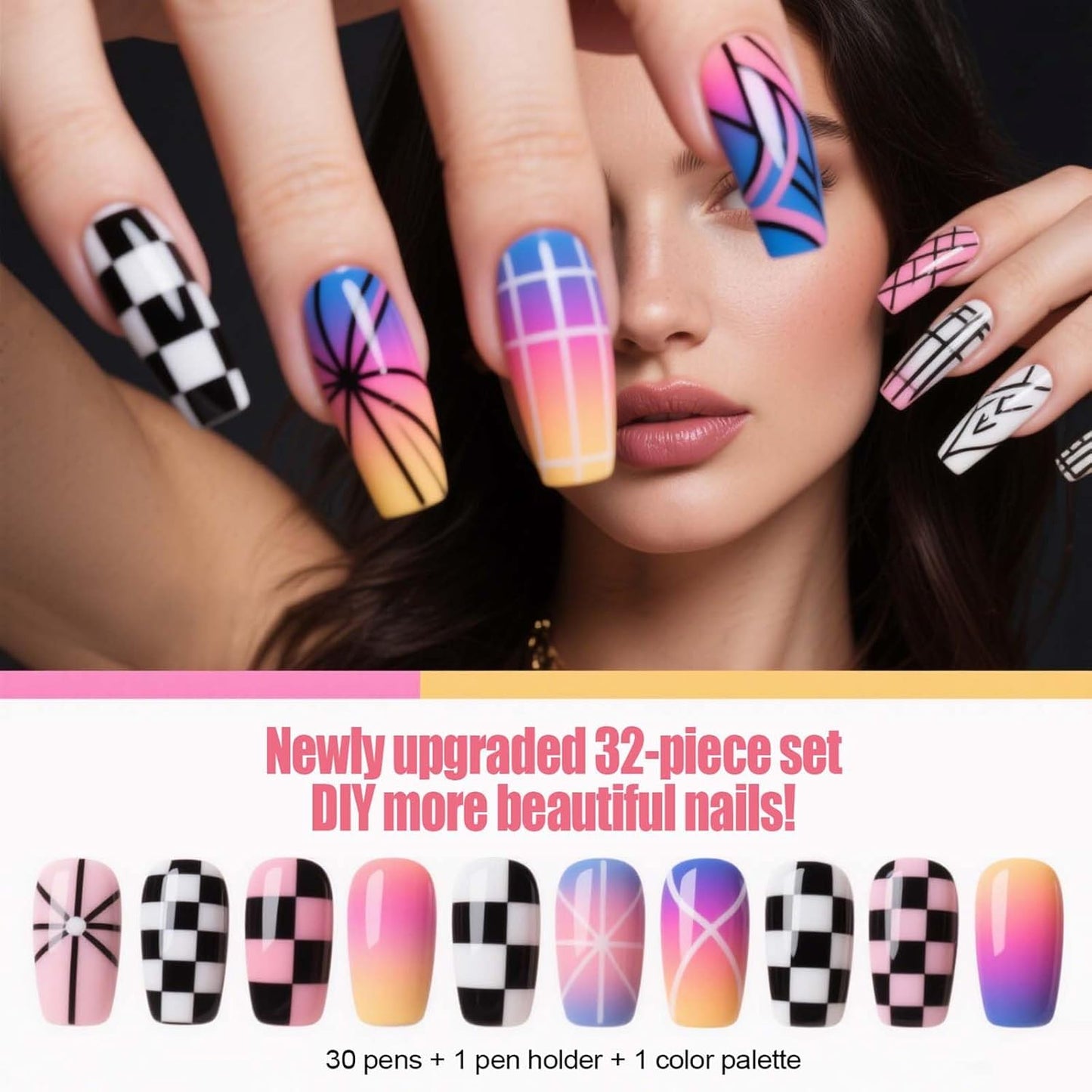 Artdone Nail Dotting Tools 32PCS Double-ended Nail Art Brushes Kit Nail Art Gel Polish Liner Brushes Design Pen For Nail Drawing And Nail Paint Brushes Small Detail Brushes