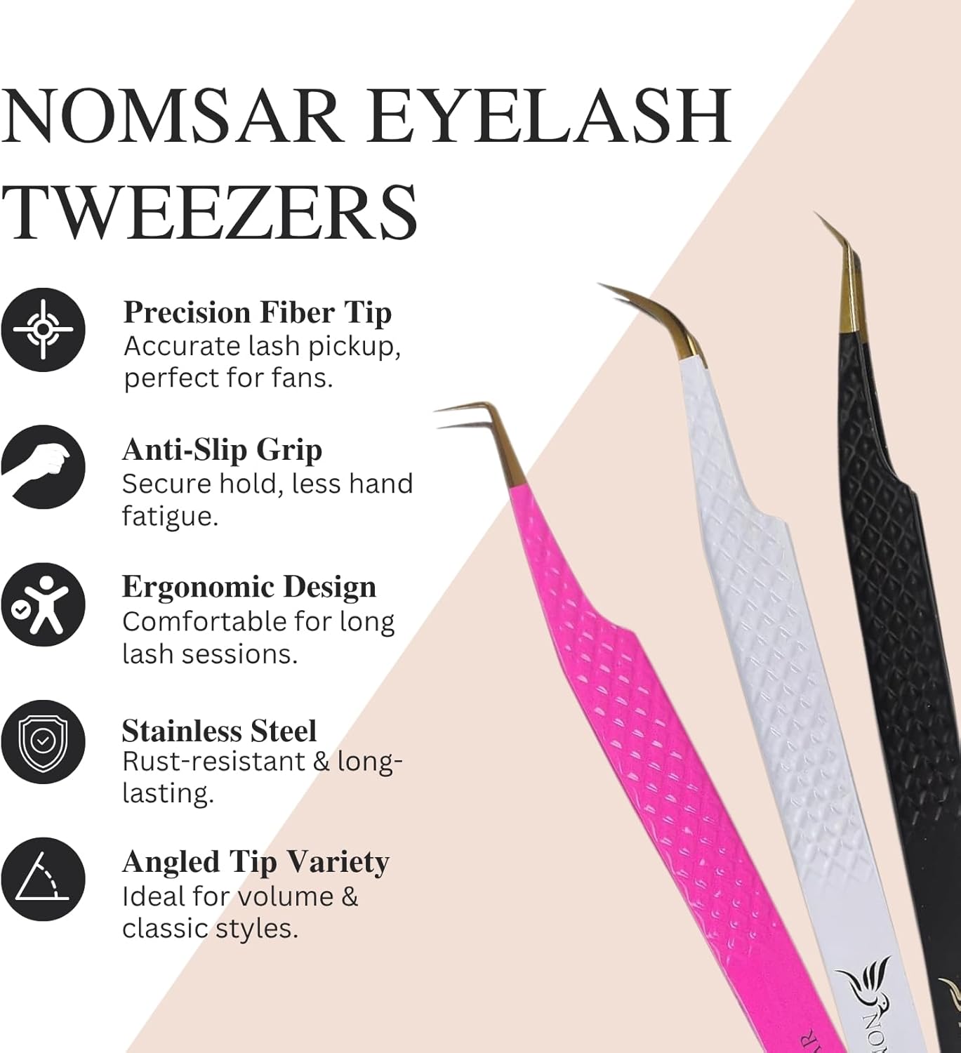 Eyelash Extensions Tweezers, Set of 3 - Stainless Steel with Diamond Grip for Volume lash Extension - Fiber Tip Tweezers for Multipurpose & Application (Peach)