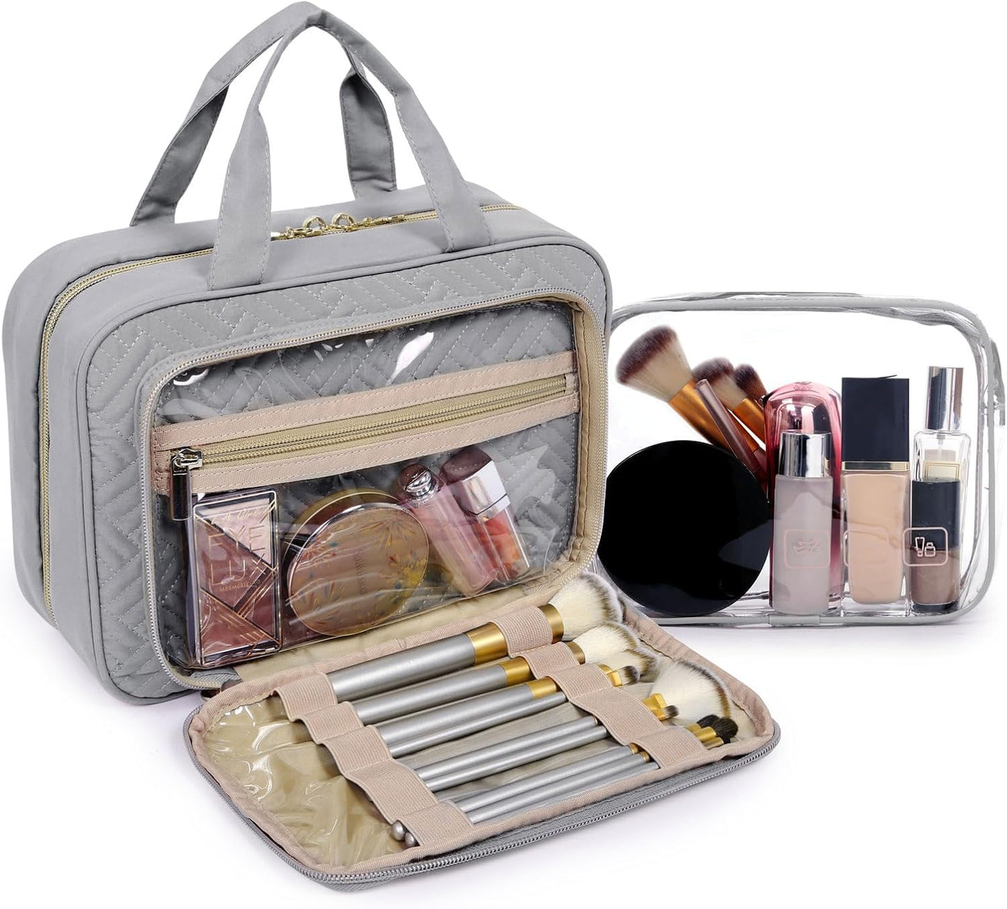 BAGSMART Toiletry Bag Hanging Travel Makeup Organizer with TSA Approved Transparent Cosmetic Bag Makeup Bag for Full Sized Toiletries, Large-Grey