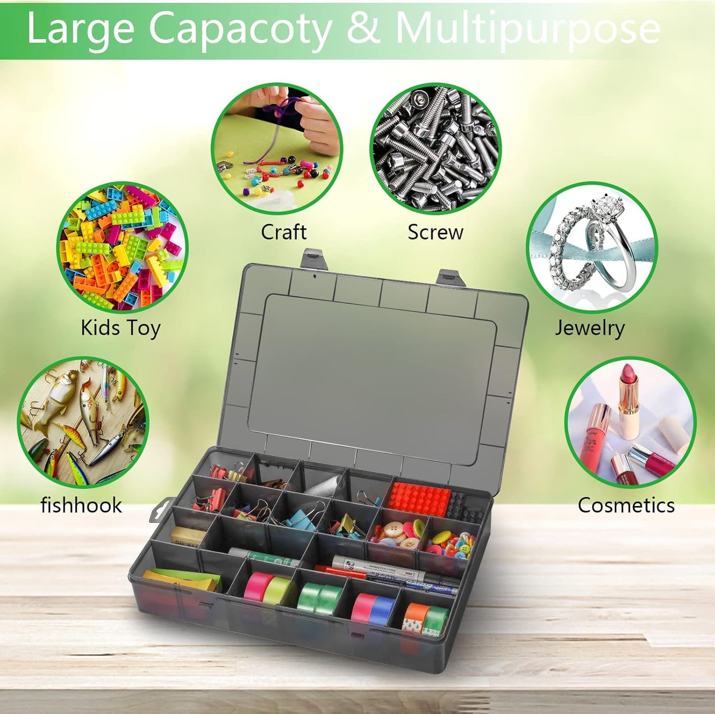 Large 24 Grids Plastic Organizer Box Adjustable Dividers,Clear Storage Box for Jewelry, Art DIY Crafts, Washi Tapes, Beads and Small Parts(Black,3Pack)