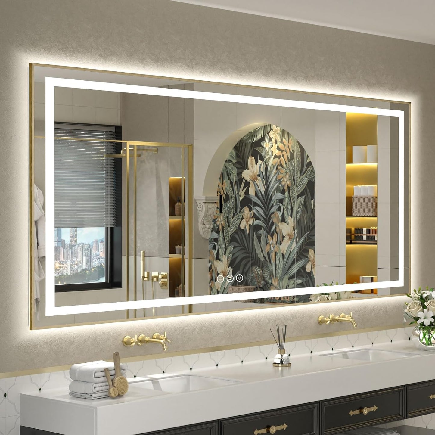 OKPAL 72x36 LED Bathroom Mirror Gold Metal Framed Front & Back Light, Lighted Bathroom Mirror with Lights, Anti-Fog, Dimmable, 3 Colors, Shatterproof, ETL Listed, Horizontal/Vertical