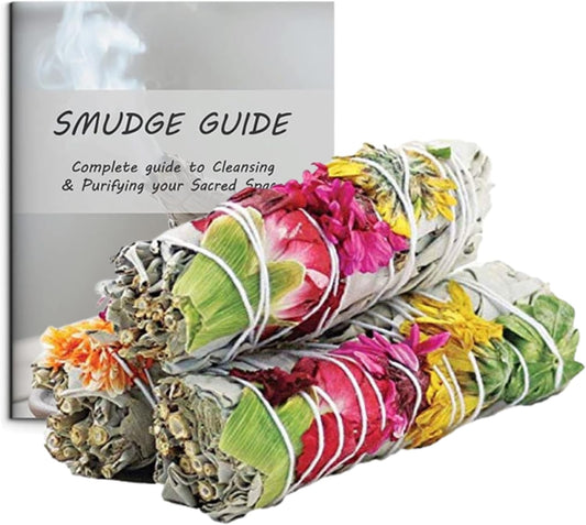 Ancient Veda Joy Organic White Sage Smudge Sticks with Flowers for Cleansing Home, Meditation, Yoga, Healing and Smudging | Sustainably Sourced California White Sage Bundles (3 Pack - 4 Inch)
