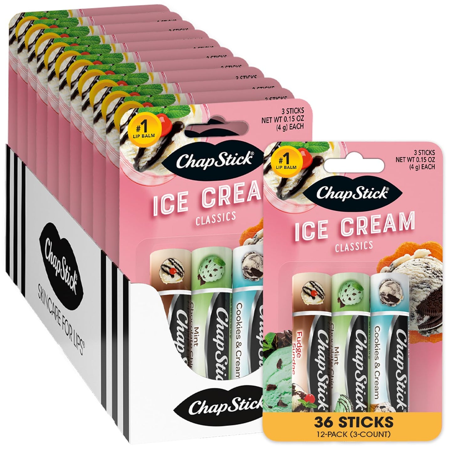 ChapStick Lip Moisturizer, Ice Cream 3-Packs (12 Sets/36 Tubes) - Bulk Lip Balm, Irresistible & Sweet, 0.15 Oz Ea