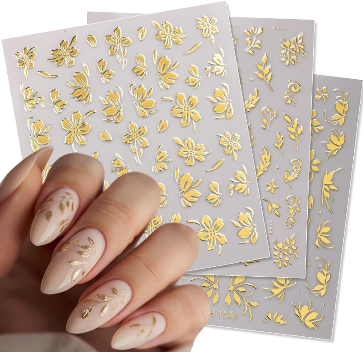 6 Sheets Gold Nail Stickers 3D Metallic Flower Leaf Nail Art Stickers 3D Self Adhesive Gold Nails Designs Accessories Cherry Blossom Flower Nails Decals for Women Girls DIY Summer Manicure Decoration