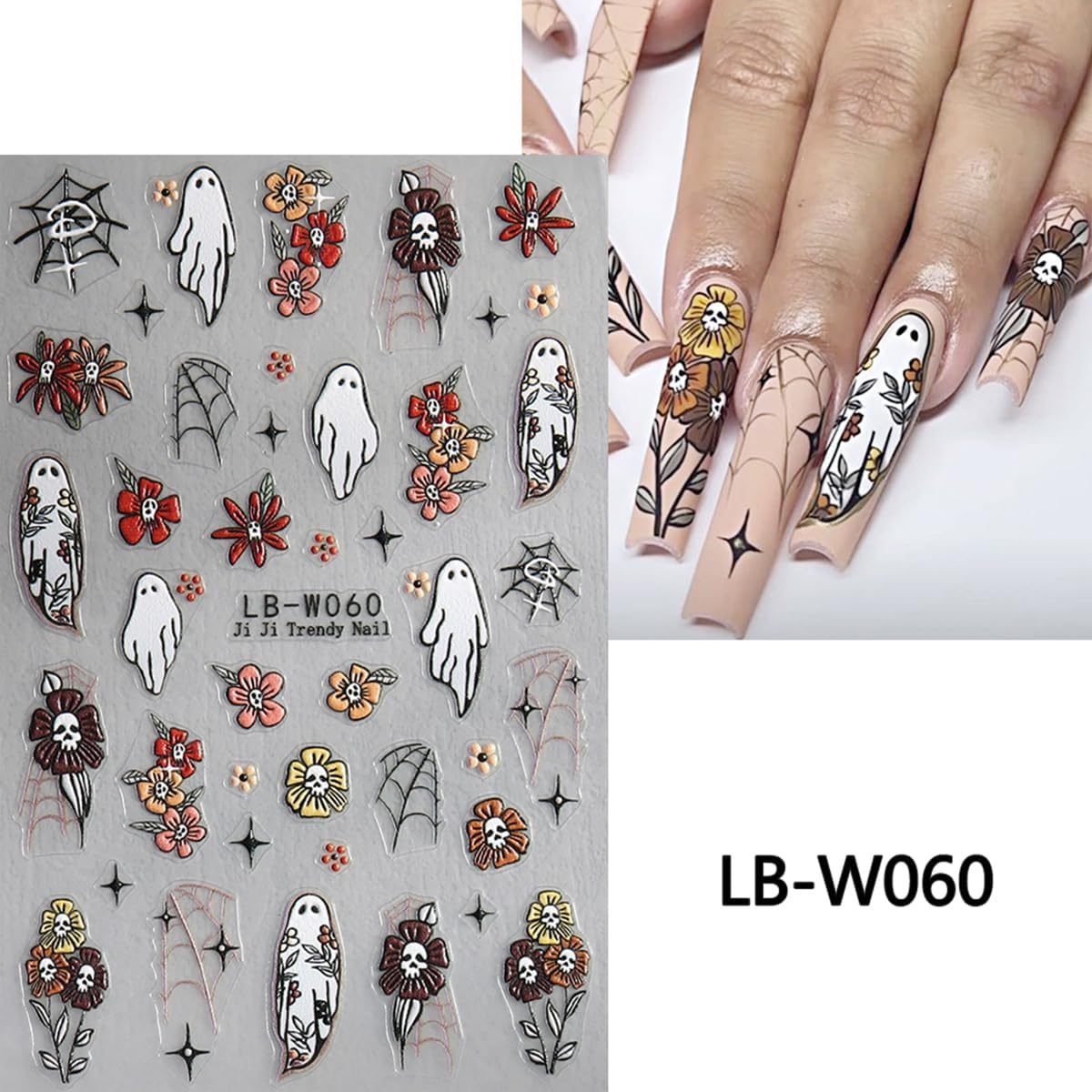 4 Sheets Cute Ghost Nail Art Stickers and Halloween French Flower Nail Decals Design 5D Self-Adhesive Brown Green Spider Web Nail Stickers Personalized Nail Art Supplies Stickers for DIY Manicure