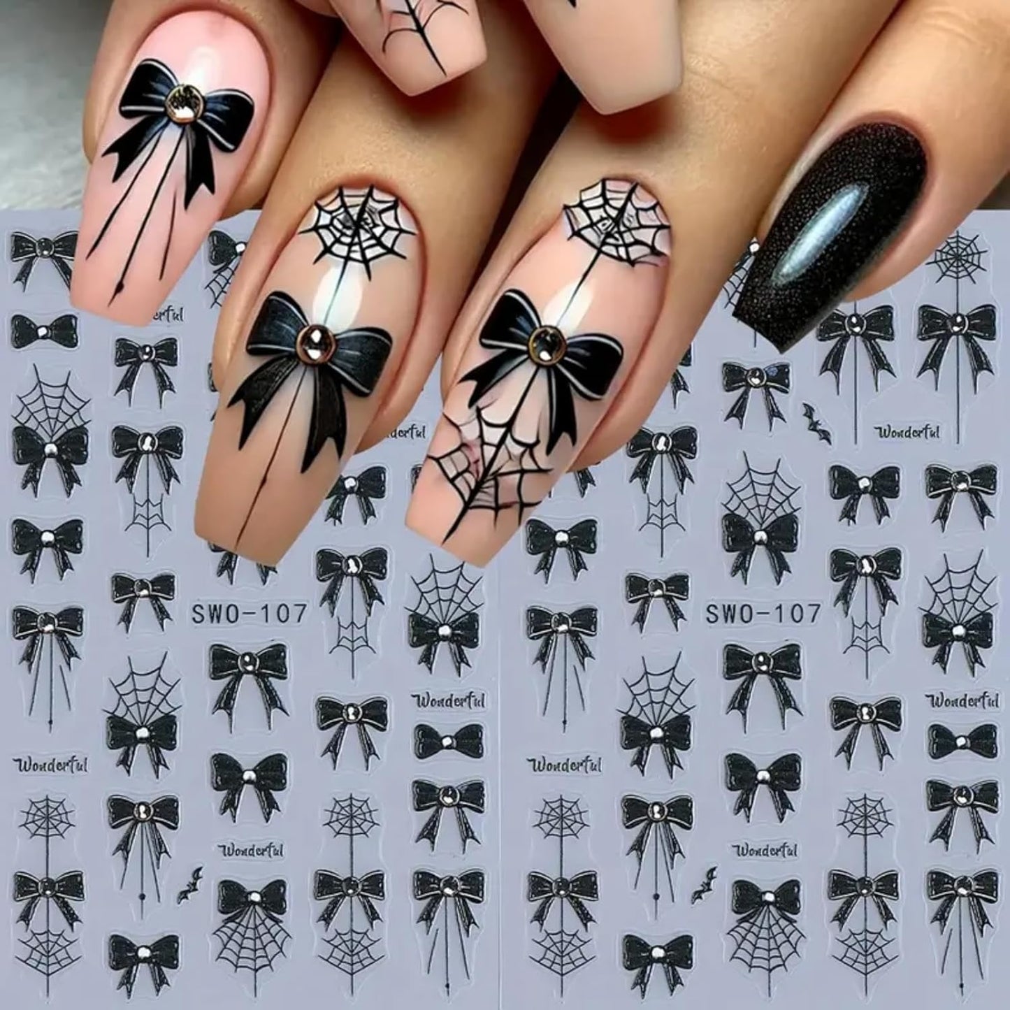 2Pcs Halloween Nail Art Stickers Decals 5D Embossed Halloween Spider Web Nail Decals Black Spider Web Bow Pattern Nail Designs Y2K Style Nail Supplies for Women Manicure Tip Decorations Accessories