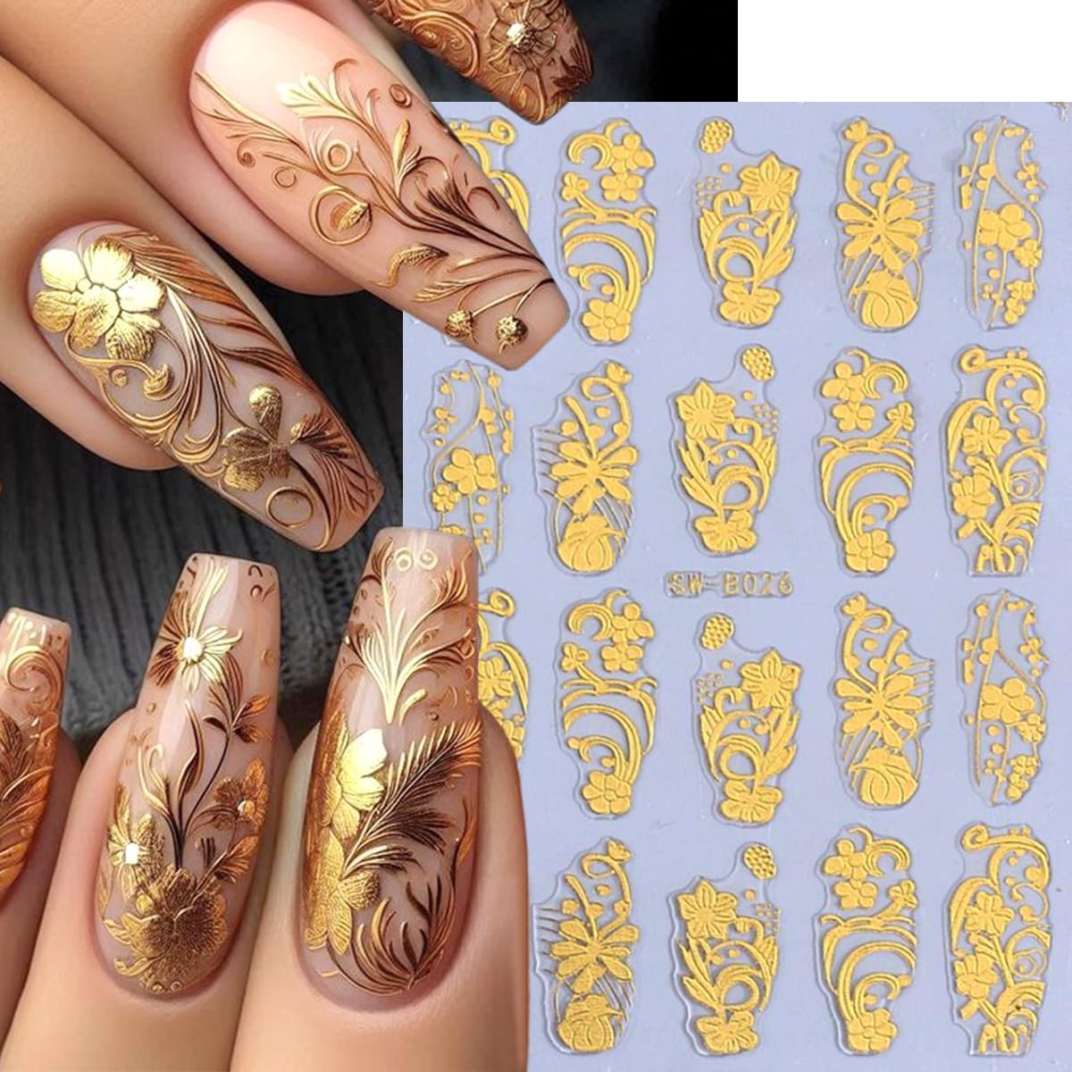 2 Sheets Gold Nail Art Stickers 3D Metallic Flower Nail Stickers Gold Blossom Floral Fallen Leaves Design Nail Art Supplies Fall Nail Decals for Women Girl Acrylic DIY Manicure Decoration Accessories