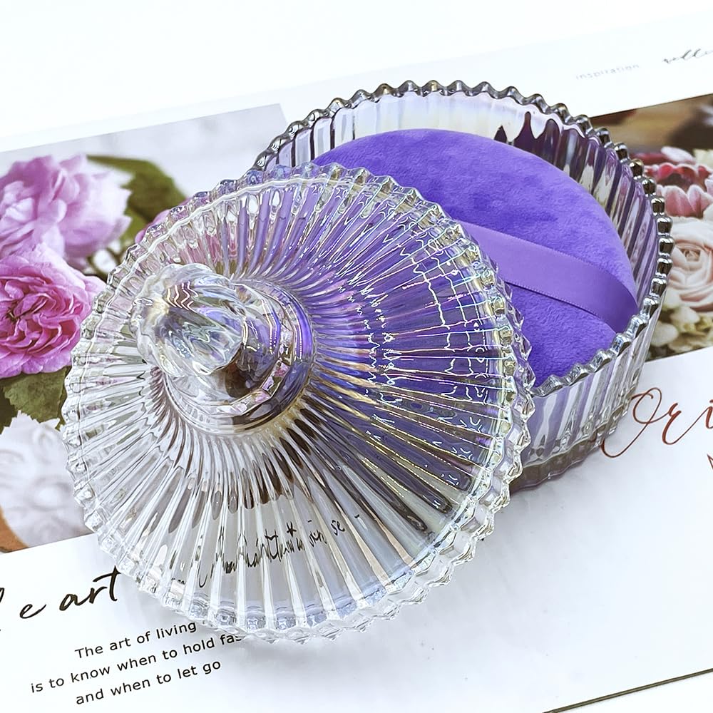 2 Pack Extra Large 5.2" Beige & Purple Powder Puffs and 5.3" Glass Container – Oversized Soft Body & Face Large Powder Puff Dusting Powder Jar Holder Case(Dazzling colors Glass)