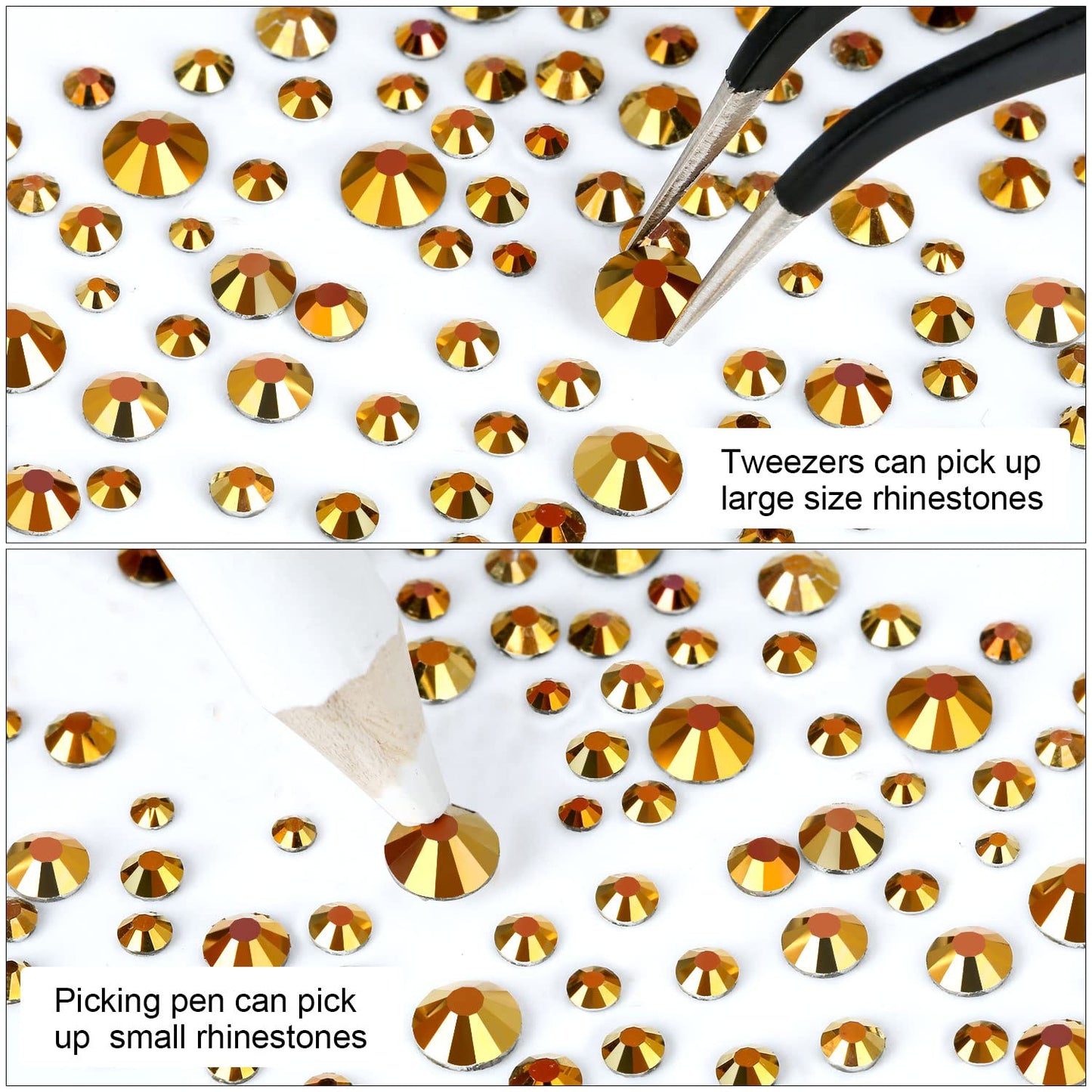 4240Pcs Gold Flatback Rhinestones 6 Sizes Crystal Diamonds for Nail Art Crafts Clothes Shoes with Tweezers and Picking Pen