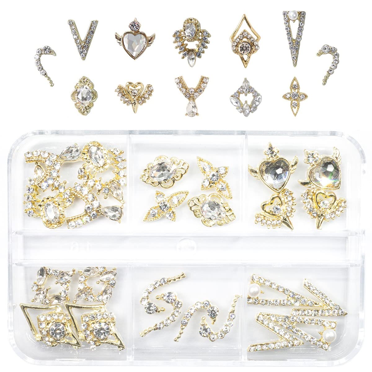 12 Pair 3D Alloy Gold Nail Art Rhinestones - Heart Shaped Nail Charms, Golden Nail Crystal Diamonds Jewelry Stones Studs for Nails Decor Crafts