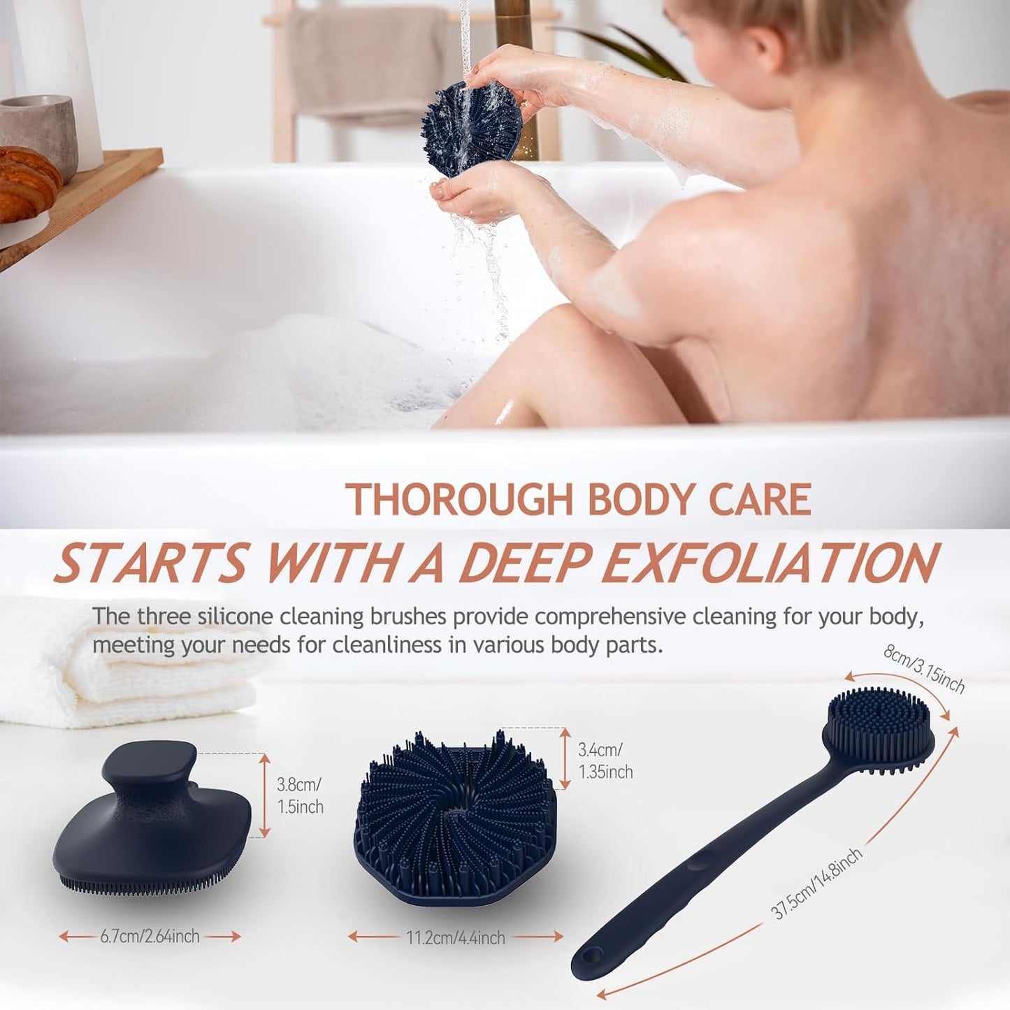 3 PCS Silicone Bath Brush Set,Back Scrubber & Body Brush & Face Brush Set, Super-Exfoliating & Lathering Body Scrubber, Shower Brush, Face Scrubber Combination for HomeBathroom Hotel Travel.(Blue)