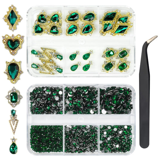 24pcs Green Luxury Nail Charms + 2000pcs Emerald Green Rhinestones 3D Big Gems Glass Crystals Diamonds Jewelry Stones Alloy Art Studs Decor Supplies Heart Charms for Arylic Nails Crafts