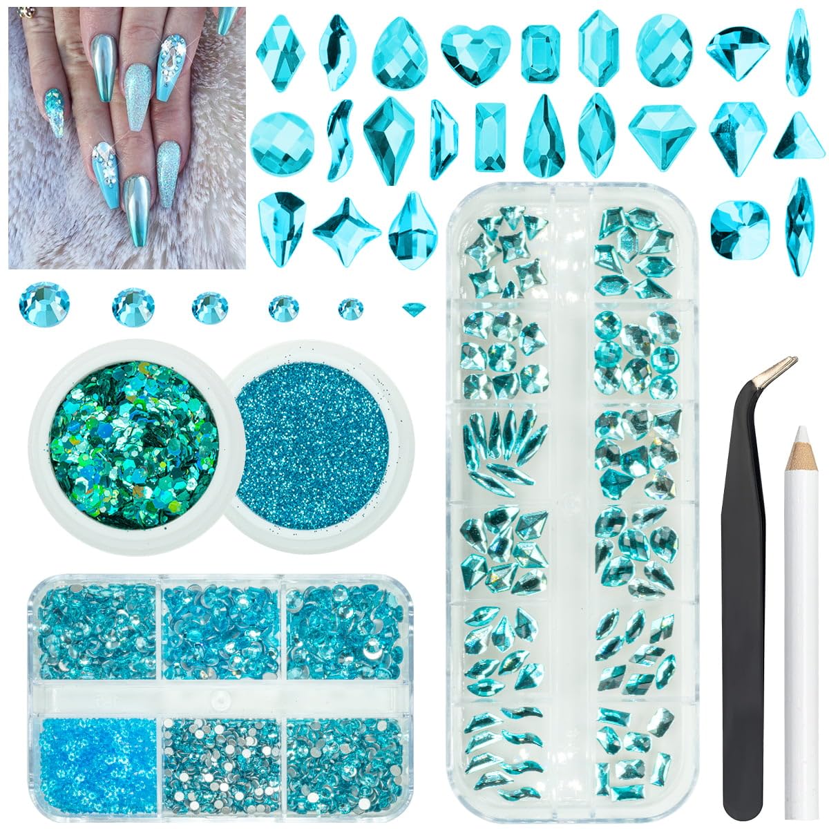 4 Boxes Aquamarine Nail Rhinestones Glitters 24 Shapes K9 Glass Lake Blue Gems Flatback Round Stones Diamonds Crystals Water Blue Nail Art Charms for Nails Face Eyes Makeup Crafts Tumblers