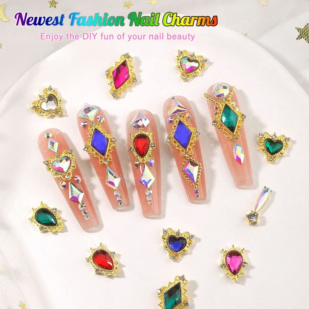 24pcs Pink Nail Luxury Nail Charms Heart Rhinestones Charms 3D Big Nail Gems Crystals Diamonds Jewelry Stones Alloy Studs Supplies Decoration for Arylic Nails Face Makeup DIY Crafts Jewerly