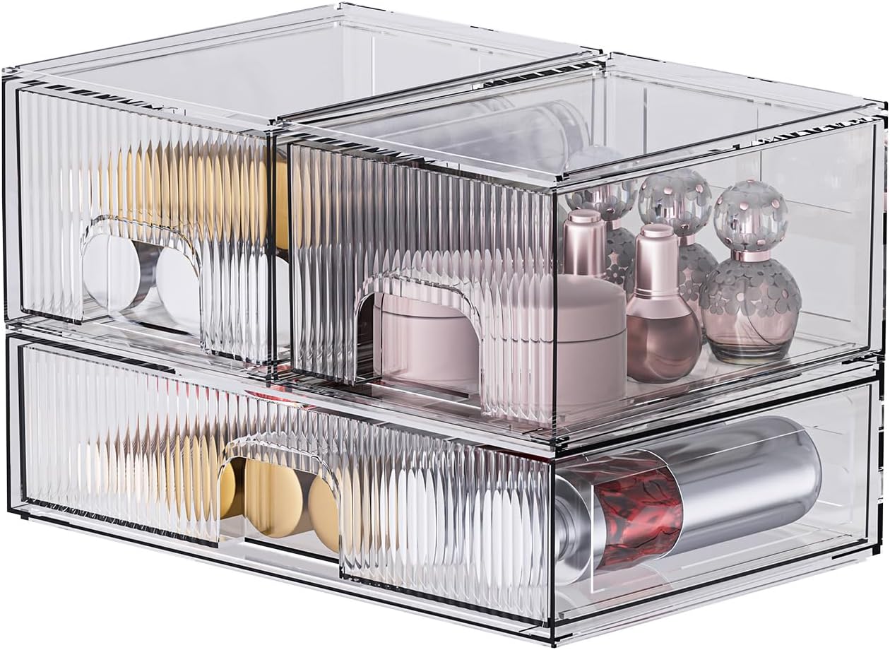 ZHIAI 3 Pack Clear Stackable Cosmetic Organizer with Acrylic Drawers for Cosmetics and Small Items for Dresser, Vanity, Kitchen Cabinet, Pantry, Home Organization and Storage