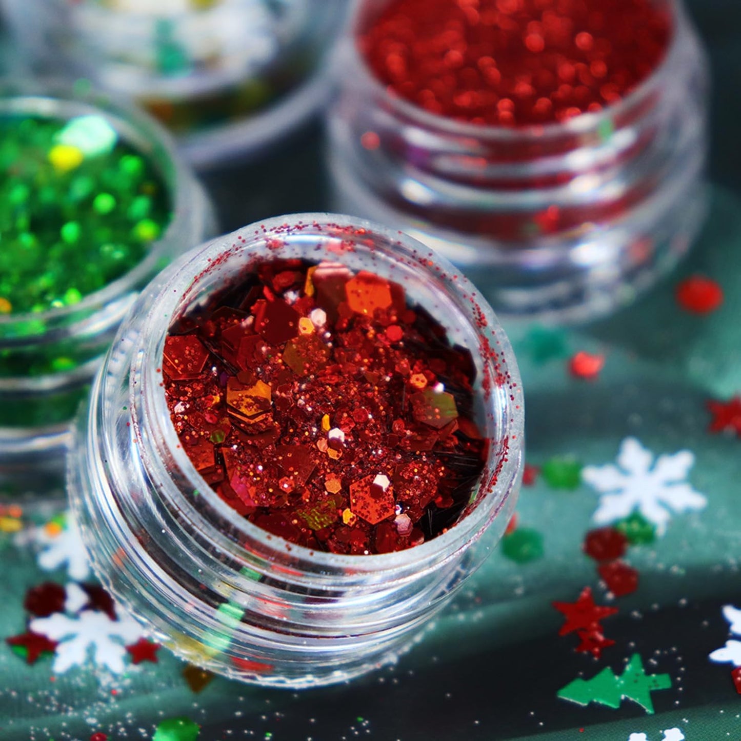 Snowflake Nail Art Glitter Christmas Nail Sequins Flakes, 3 Colors Manicure fine Glitter Powder, 3D Holographic White Green Red Winter Nail Stickers Decals Supplies Nail Charms for Women Girls 6 Box