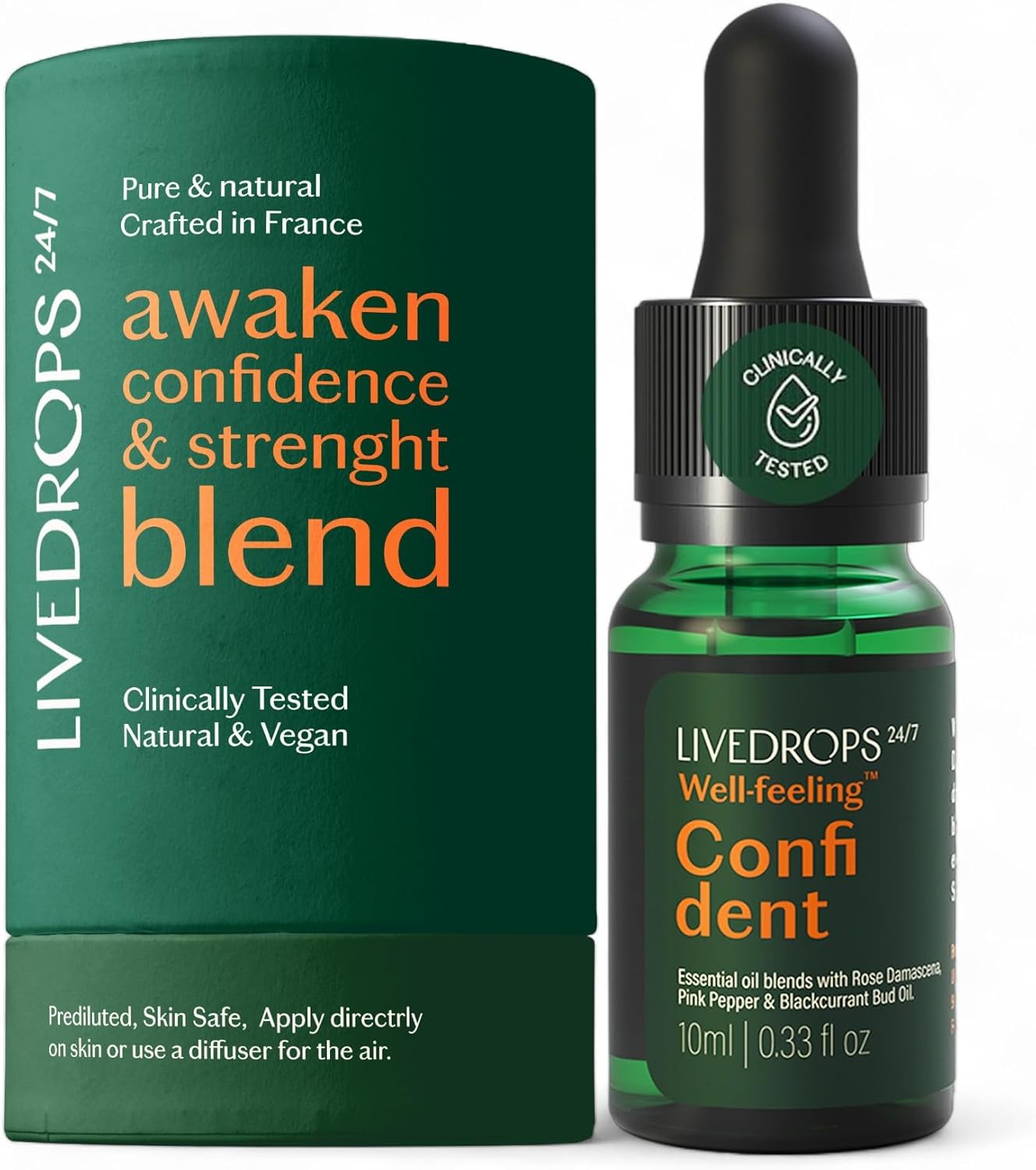 Livedrops 24/7 Confident Essential Oil Blend 10ml | Rose Damascena, Pink Pepper & Blackcurrant Bud Oil | Natural Vegan Aromatherapy | Skin & Diffuser Use | Crafted in France | Clinically Tested