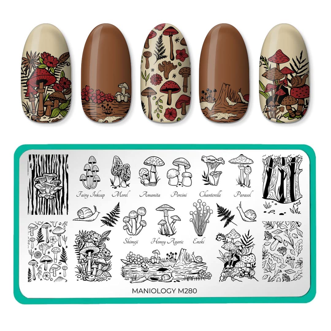 Maniology Magic Mushroom Nail Stamping Starter Kit | Plant-Inspired Nail Art with Whimsical Mushrooms Design for DIY Manicure – Includes Stamping Plate, Polish, Top Coat, Stamper & Scraper Card