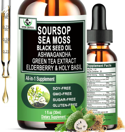 Soursop Drops,Soursop Bitters Liquid with Sea Moss Black Seed Oil Green Tea Extract Ashwagandha Elderberry Holy Basil-Multimineral&Vitamins Superfood Drops for Immune&Digestive & Cell Support