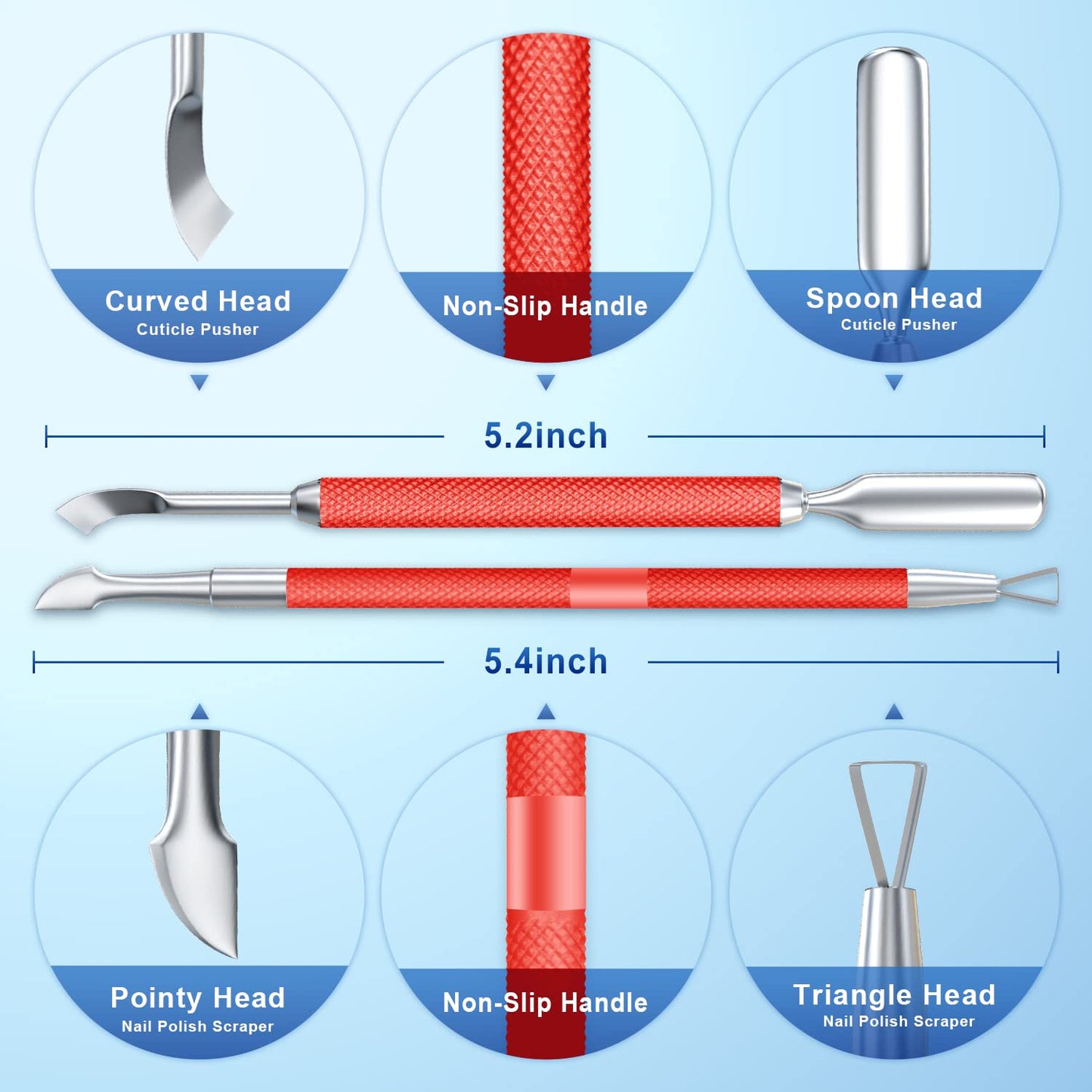 2PCS Metal Red Cuticle Pusher and Cutter Remover Salon Quality Stainless Steel Gel Nail Polish Peeler Scraper Durable Manicure and Pedicure Cleaner Tool For Fingernail and Toenail