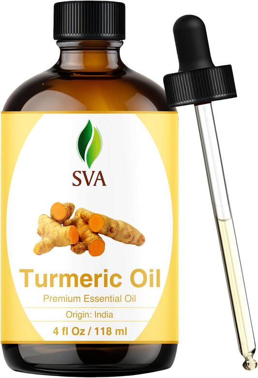 SVA Turmeric Essential Oil – 4 Fl Oz – 100% Natural Turmeric Oil - for Diffuser, Hair Care, Face, Skin Care, Aromatherapy, Scalp and Body Massage, Soap and Candle Making – with Dropper
