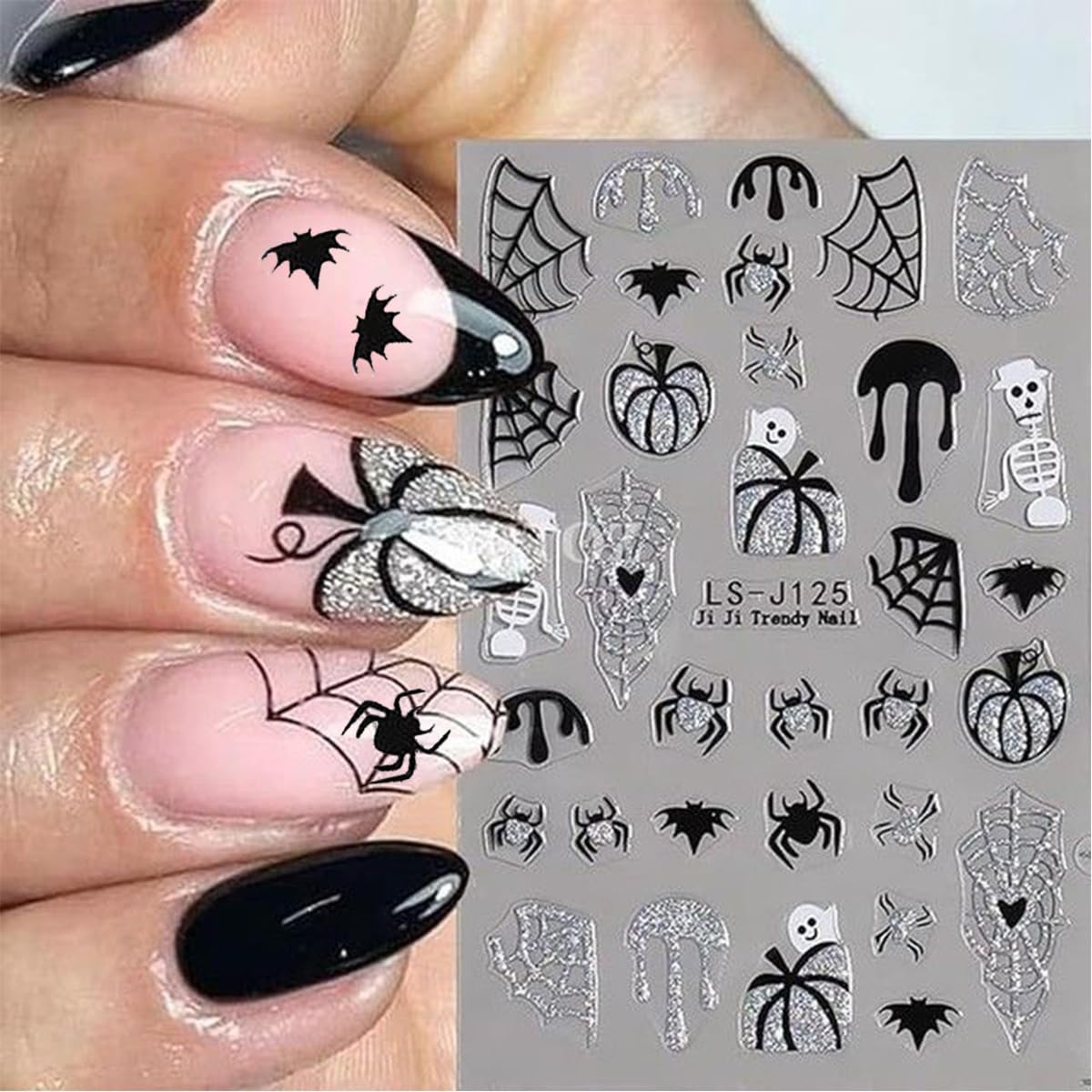 6 Sheets Silver Pumpkin Nail Art Stickers Halloween Nail Stickers Glitter Spider Web Nail Decals Bat French Tips Water Drop Gold Design Shine Sticker for Nail DIY Manicure Supplies for Women