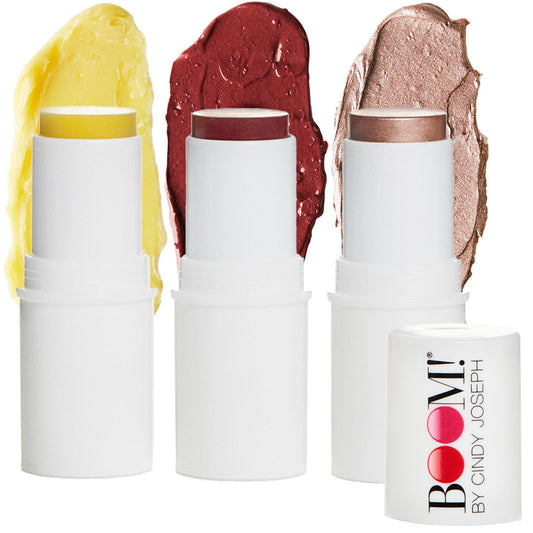 Boomstick Trio ® Color 3 Pack Cream Blush Makeup, Color Blush Stick, Highlighter Stick & Moisturizer for Cheeks, Eyes & Lips, Blendable Vegan Boom Sticks by Cindy Joseph for Older Women, BOOM Beauty