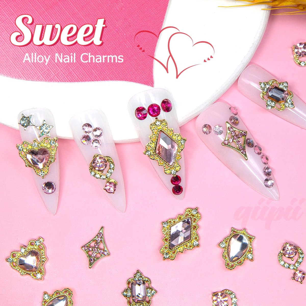24pcs Pink Nail Luxury Nail Charms Heart Rhinestones Charms 3D Big Nail Gems Crystals Diamonds Jewelry Stones Alloy Studs Supplies Decoration for Arylic Nails Face Makeup DIY Crafts Jewerly