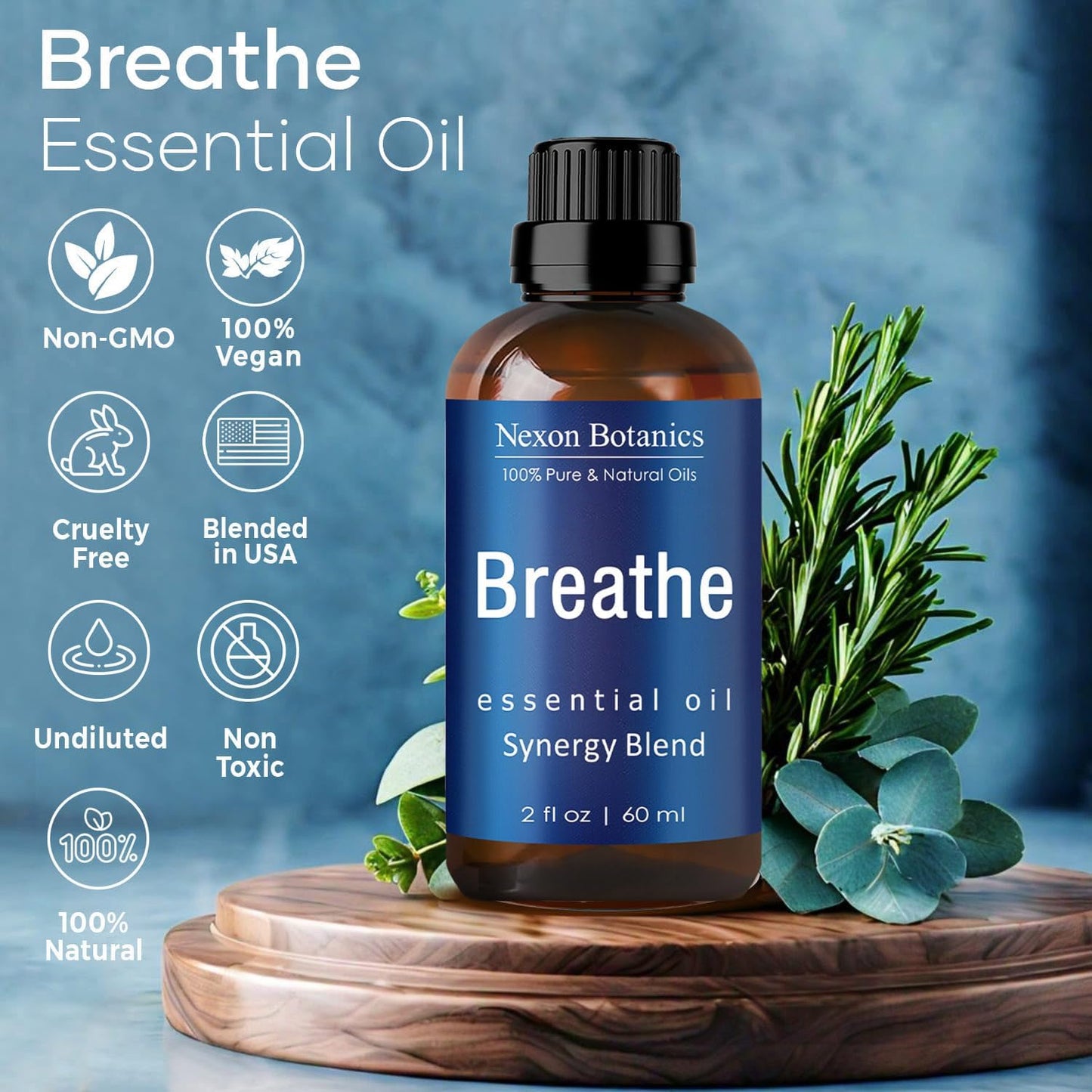 Breathe Essential Oil Blend 60 ml - Breath Sinus Relief with Menthol Oils - for Humidifiers, Diffusers, and Aromatherapy - Nexon Botanics
