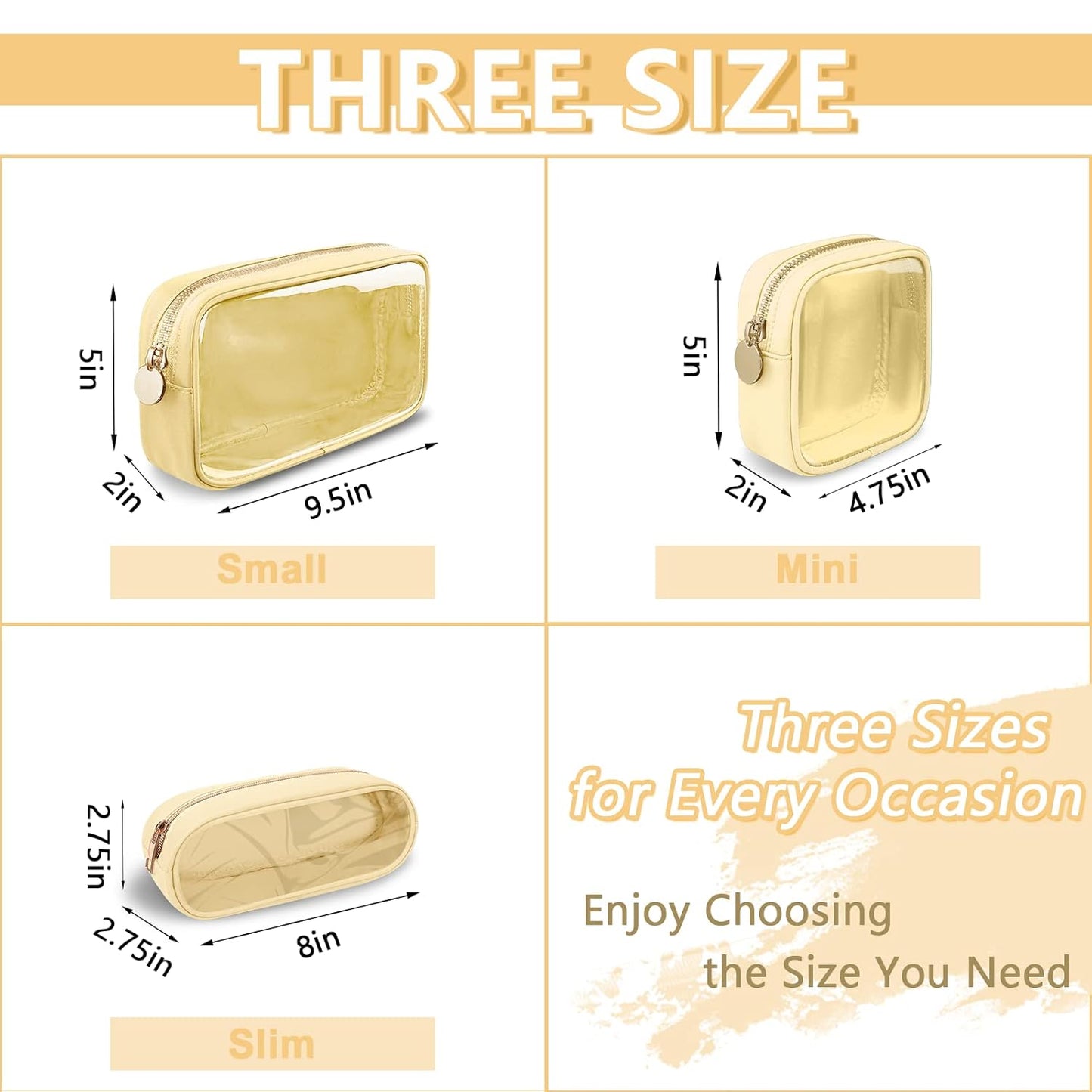 Clear Small Pencil Pouch Makeup Bag for Purse,Nylon&PVC Pencil Case Waterproof Makeup Brush Holder with Zipper,Preppy Transparent Pen Bag Travel Cosmetic Bag for Women Men Office(Slim-Beige)