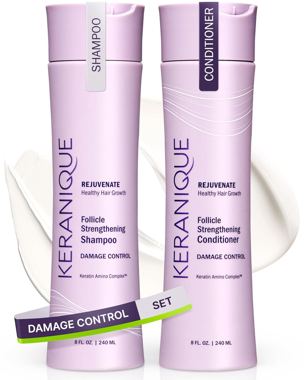 Keranique Shampoo and Conditioner for Damaged Hair - Anti-Breakage, Damage Control Set for Thinning Hair - Intense Repair, Deep Conditioning, Anti-Hairfall Routine w/Keratin - Great for Colored Hair