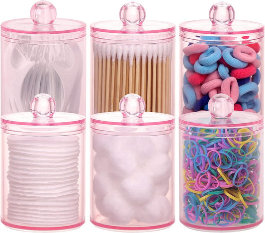 Tbestmax 6 Pack Qtip Holder, 10-Ounce Apothecary Jars with Lids for Cotton Ball Swab Pad Dispenser, Bathroom Canisters Organizer (Pink)