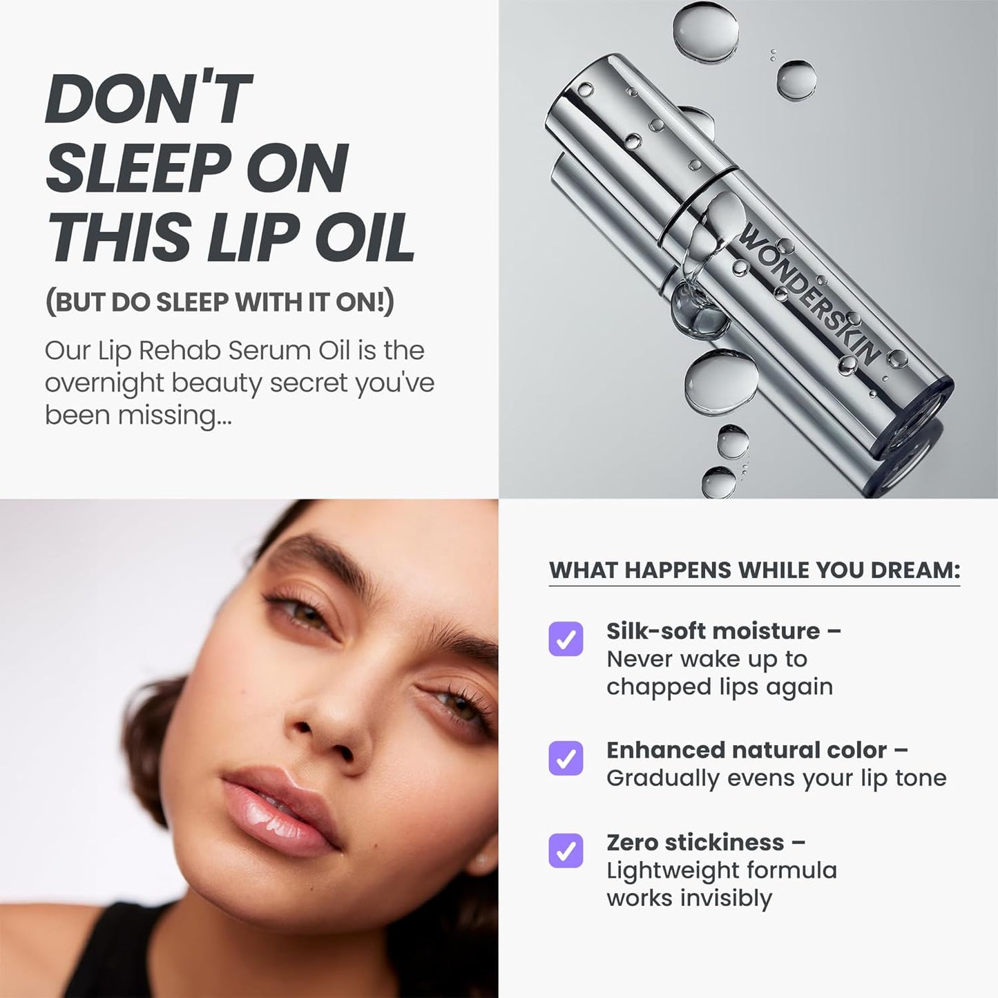 Wonderskin Lip Oil - Lip Rehab Serum Oil, Hydrating and Moisturizing Clear Serum for Dry Lips - Natural, Vegan and Non-sticky (Clear)