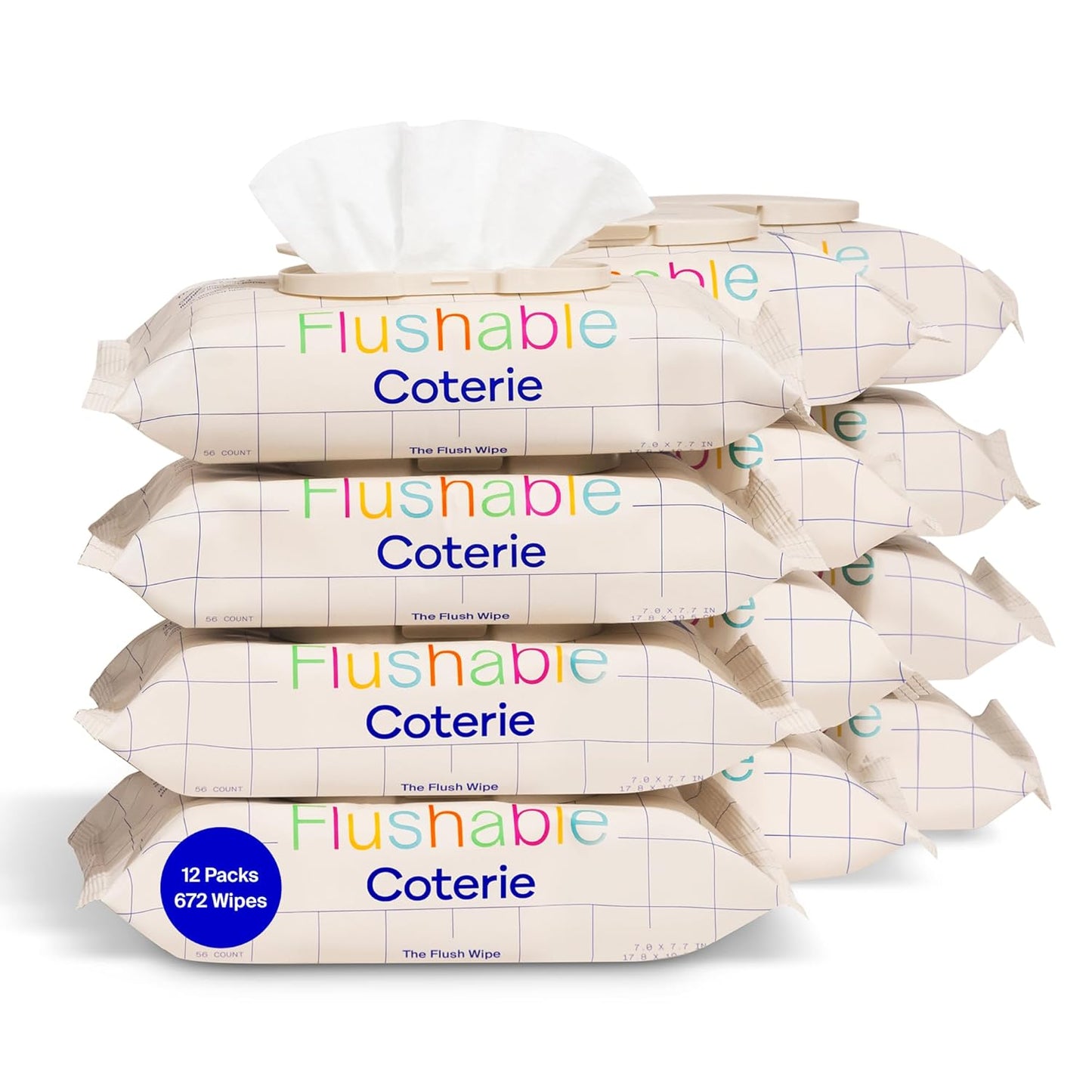 Coterie Flushable Wipes for Sensitive Skin, Hypoallergenic, 99% Water, Plant-Based Fibers, Sewer + Septic Safe to Flush, Fragrance Free Potty Training Toddler Toilet Wipes | 12 Packs (672 Count)